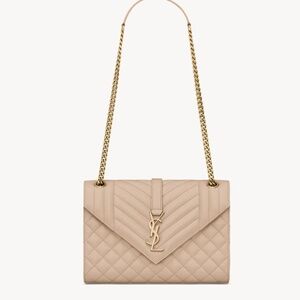 YSL Saint Laurent Quilted Medium Quilted Embossed Leather Dark Beige Handbag